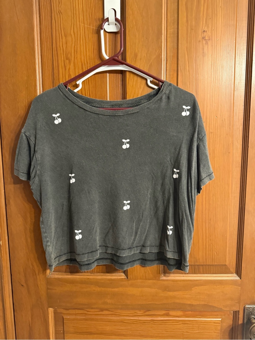 PINK Victoria's Secret charcoal grey Cherry Embroidered Crop Tee